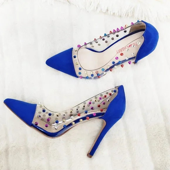 Gigi 09 Blue Multi Color Spiked Stiletto High Heel Shoes Pumps - Picture 2 of 9